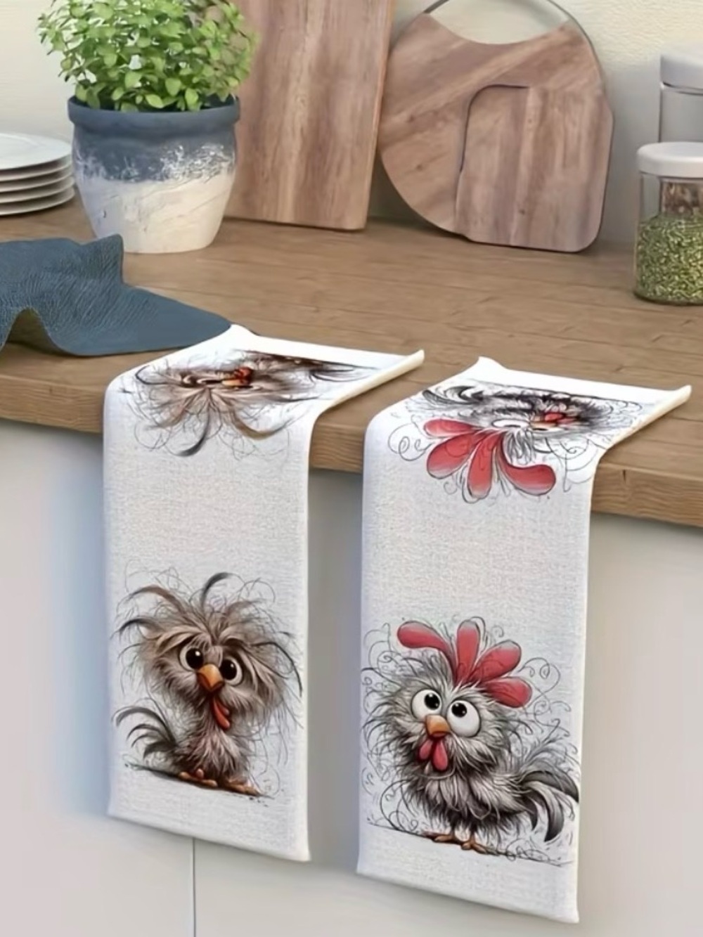 Whimsical Chicken & Rooster Kitchen Towels - Set of Two